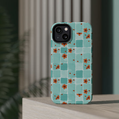 Floral Checkerboard Phone Case — Turquoise Retro Tile Pattern, Magnetic Impact-Resistant