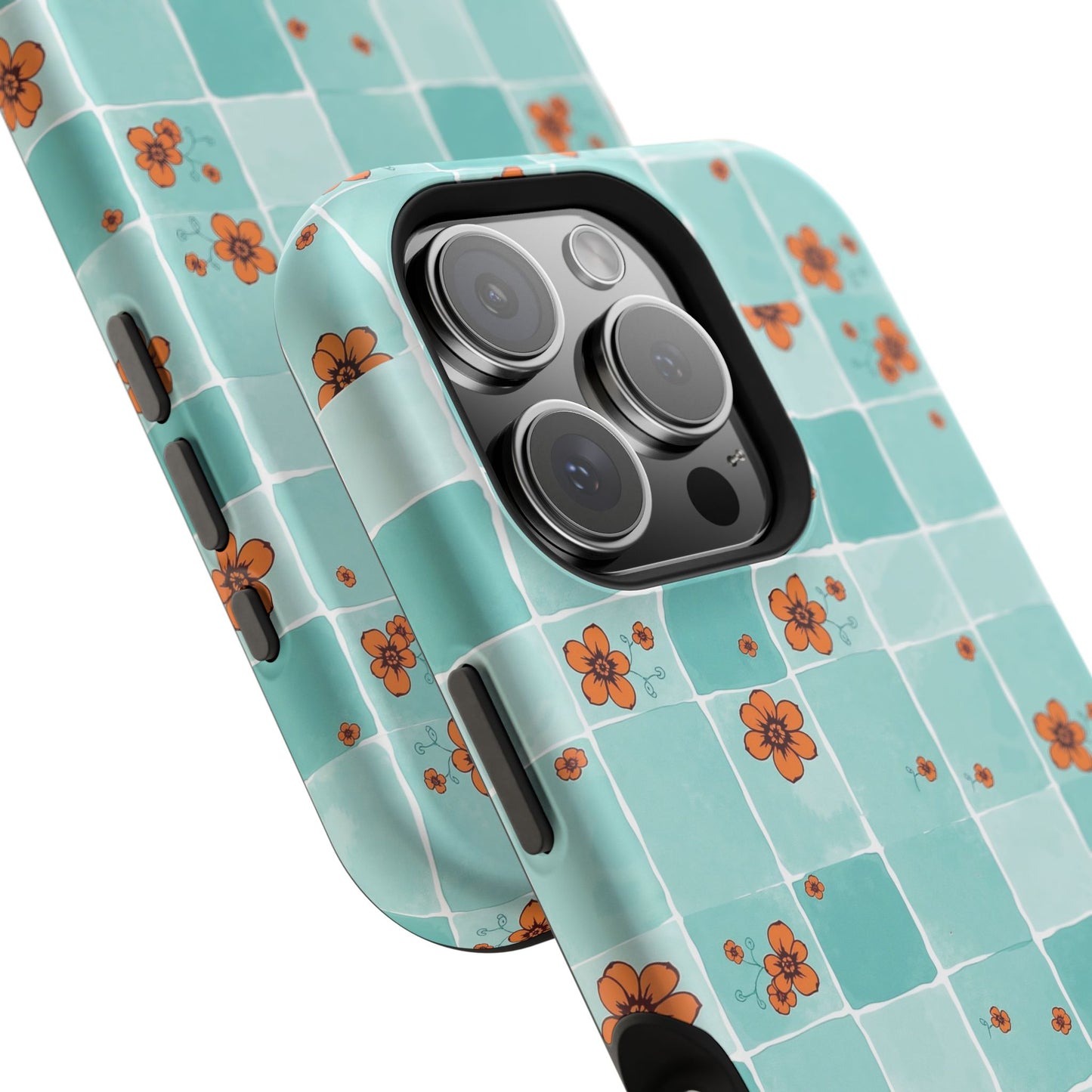 Floral Checkerboard Phone Case — Turquoise Retro Tile Pattern, Magnetic Impact-Resistant