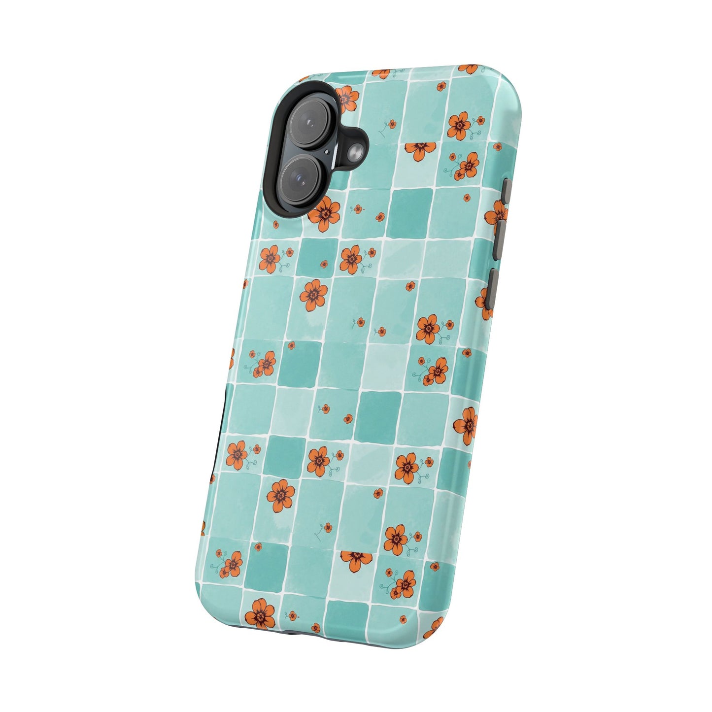 Floral Checkerboard Phone Case — Turquoise Retro Tile Pattern, Magnetic Impact-Resistant