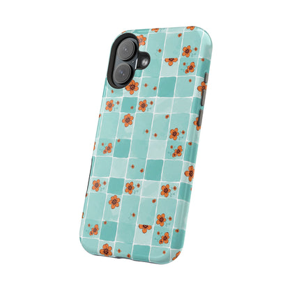 Floral Checkerboard Phone Case — Turquoise Retro Tile Pattern, Magnetic Impact-Resistant