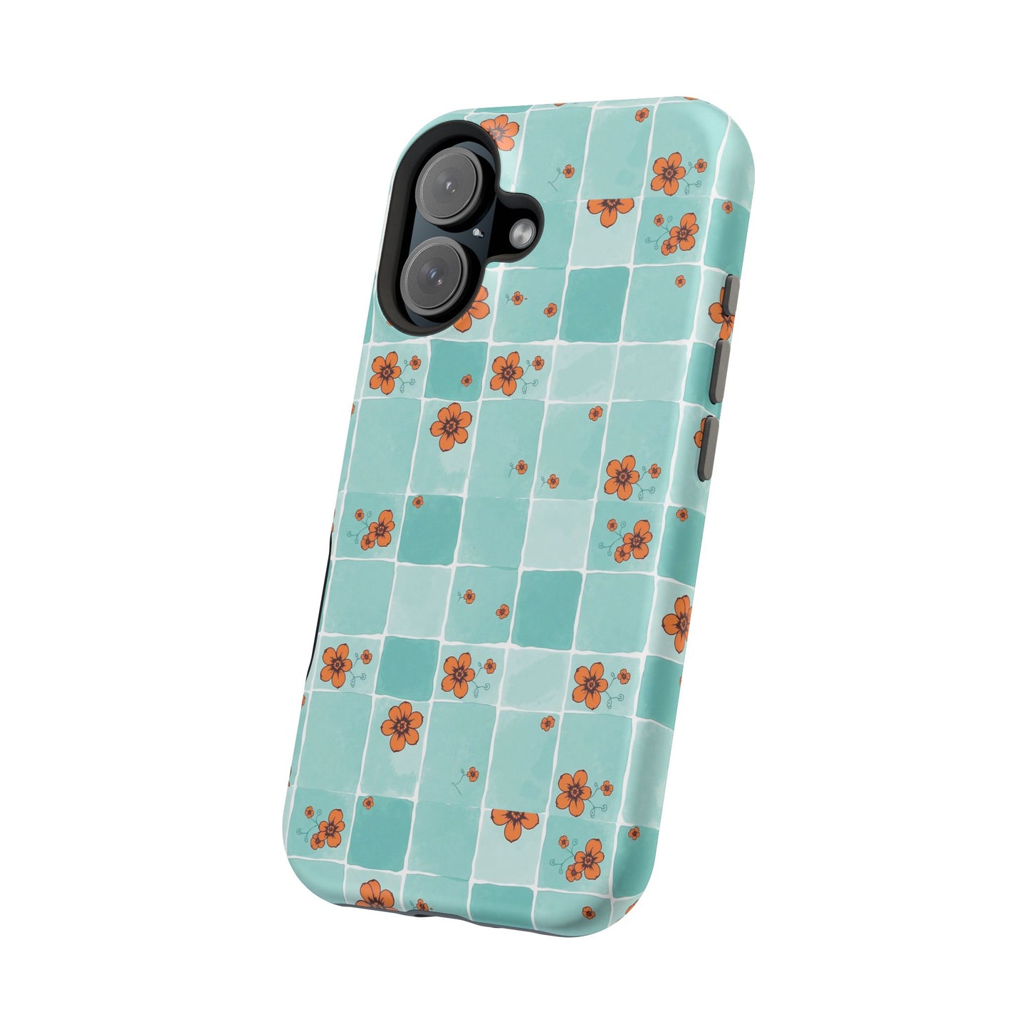Floral Checkerboard Phone Case — Turquoise Retro Tile Pattern, Magnetic Impact-Resistant