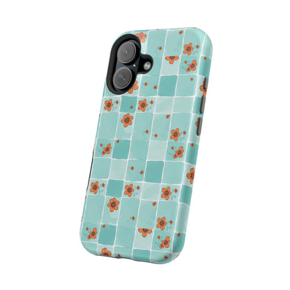 Floral Checkerboard Phone Case — Turquoise Retro Tile Pattern, Magnetic Impact-Resistant