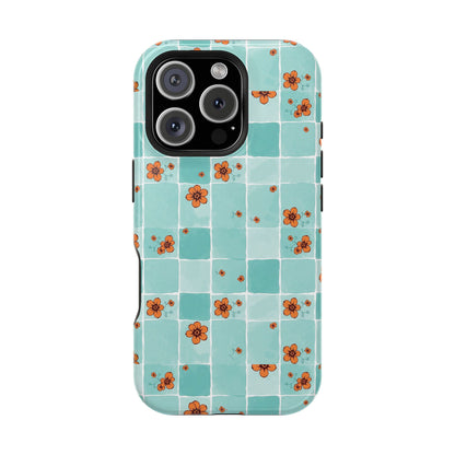 Floral Checkerboard Phone Case — Turquoise Retro Tile Pattern, Magnetic Impact-Resistant