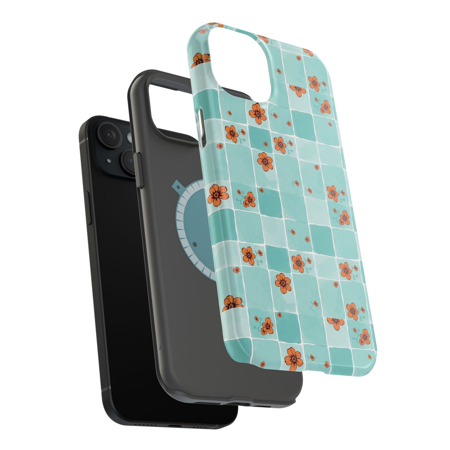 Floral Checkerboard Phone Case — Turquoise Retro Tile Pattern, Magnetic Impact-Resistant
