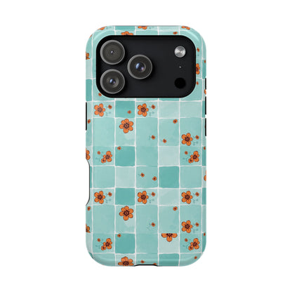 Floral Checkerboard Phone Case — Turquoise Retro Tile Pattern, Magnetic Impact-Resistant