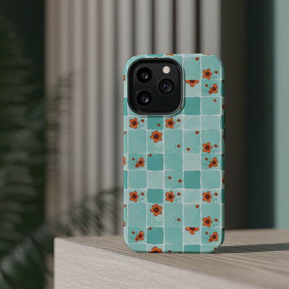 Floral Checkerboard Phone Case — Turquoise Retro Tile Pattern, Magnetic Impact-Resistant