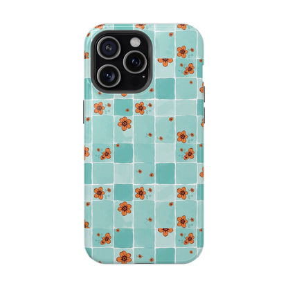Floral Checkerboard Phone Case — Turquoise Retro Tile Pattern, Magnetic Impact-Resistant