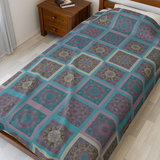 Turquoise Mosaic Velveteen Plush Blanket – Soft Geometric Boho Throw