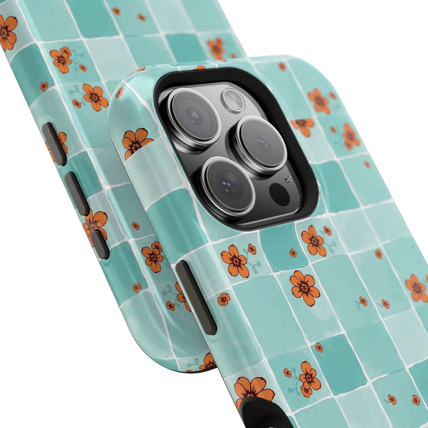 Floral Checkerboard Phone Case — Turquoise Retro Tile Pattern, Magnetic Impact-Resistant