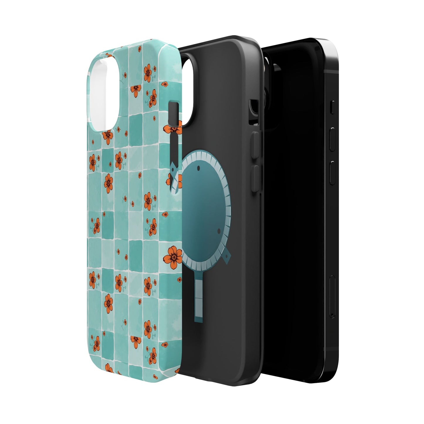 Floral Checkerboard Phone Case — Turquoise Retro Tile Pattern, Magnetic Impact-Resistant