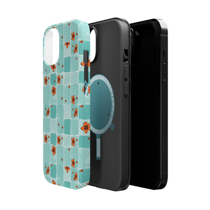 Floral Checkerboard Phone Case — Turquoise Retro Tile Pattern, Magnetic Impact-Resistant