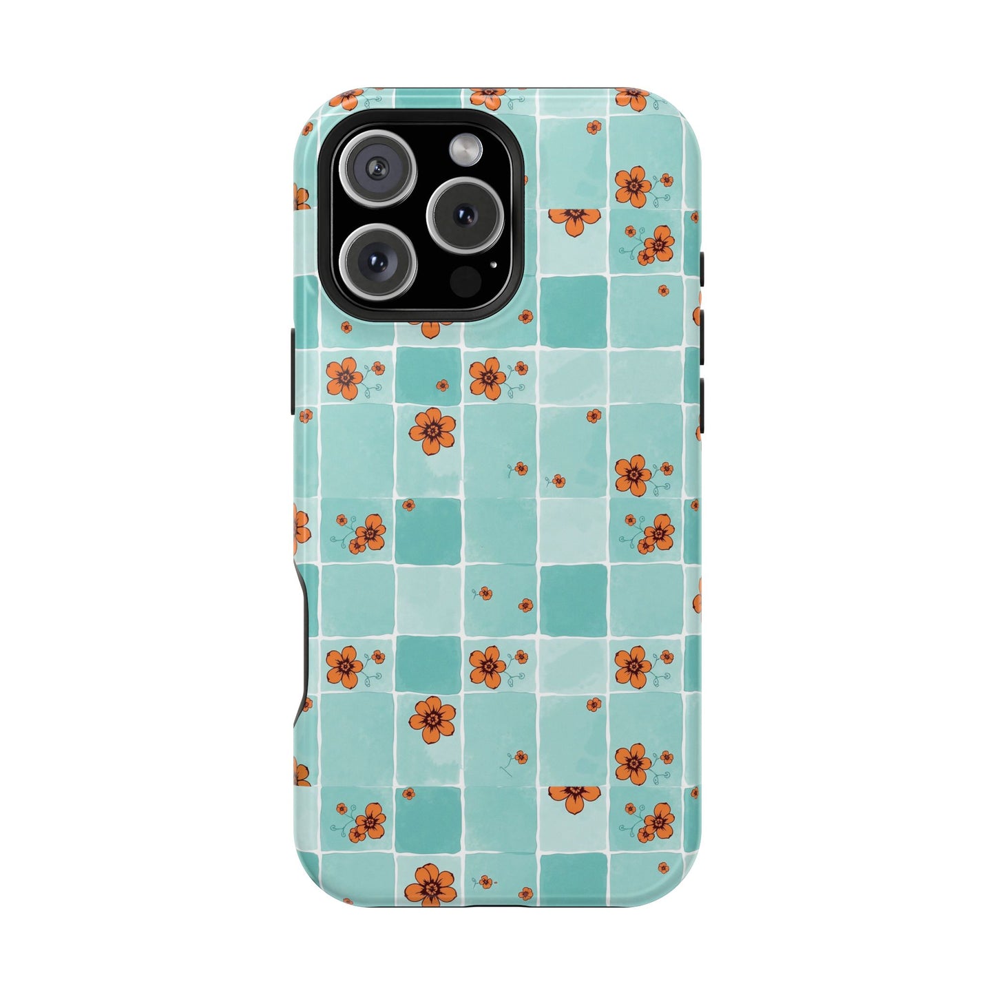 Floral Checkerboard Phone Case — Turquoise Retro Tile Pattern, Magnetic Impact-Resistant