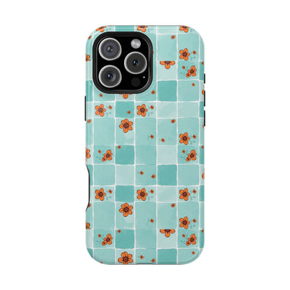 Floral Checkerboard Phone Case — Turquoise Retro Tile Pattern, Magnetic Impact-Resistant