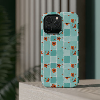 Floral Checkerboard Phone Case — Turquoise Retro Tile Pattern, Magnetic Impact-Resistant