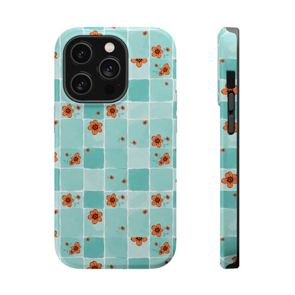 Floral Checkerboard Phone Case — Turquoise Retro Tile Pattern, Magnetic Impact-Resistant