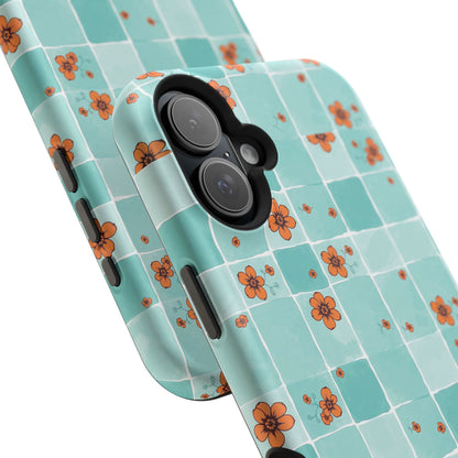 Floral Checkerboard Phone Case — Turquoise Retro Tile Pattern, Magnetic Impact-Resistant