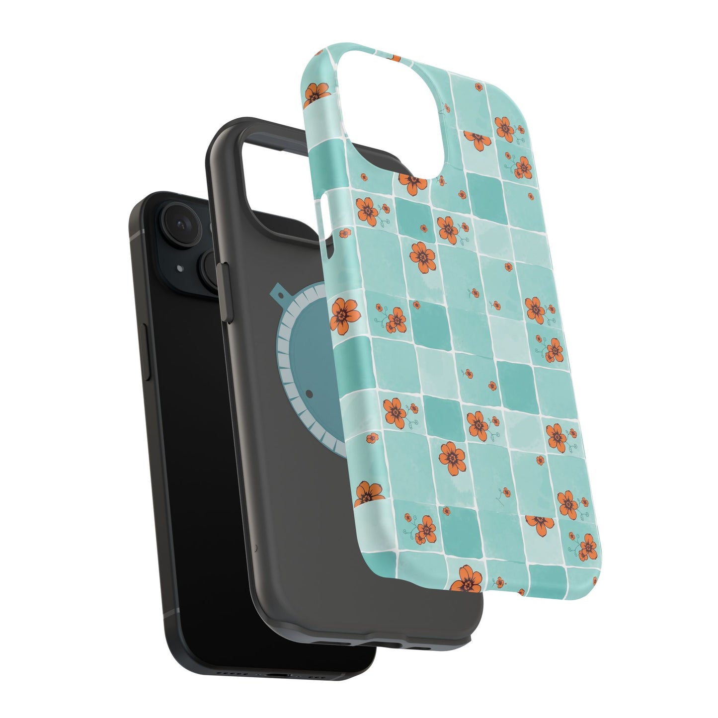 Floral Checkerboard Phone Case — Turquoise Retro Tile Pattern, Magnetic Impact-Resistant
