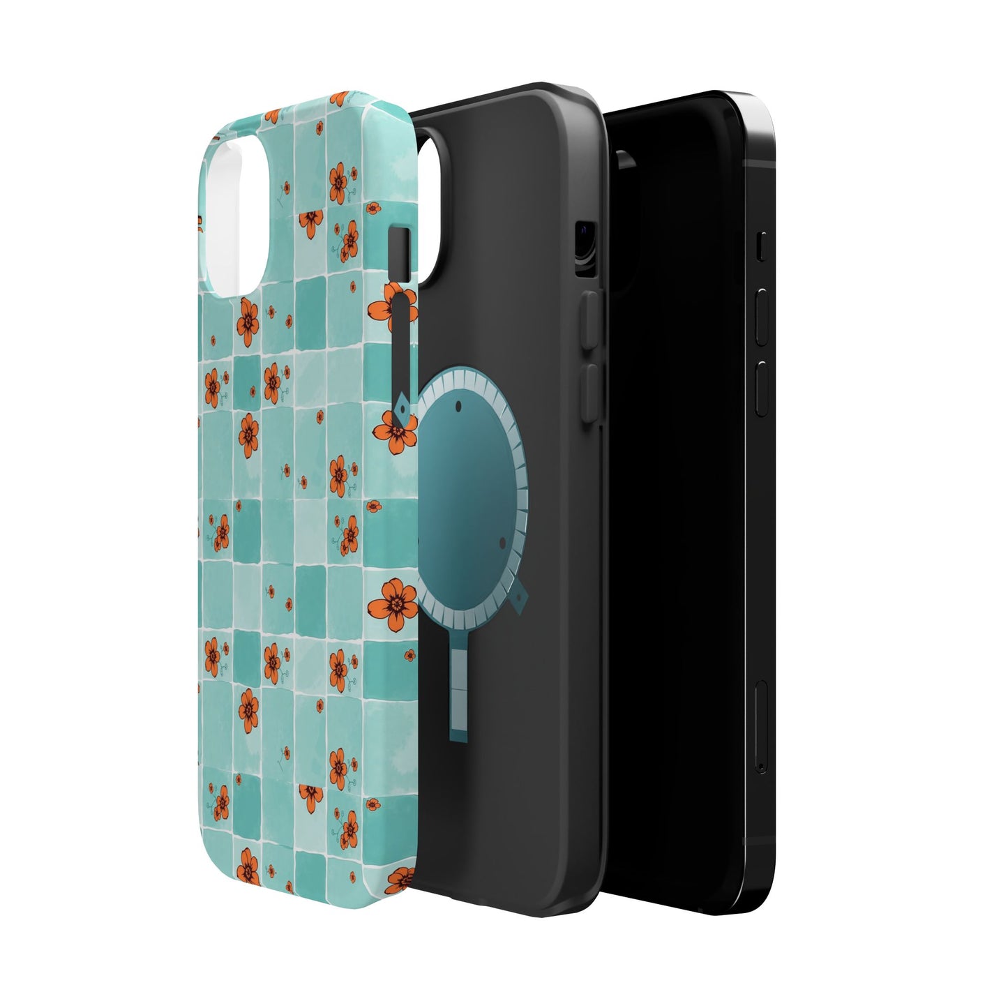 Floral Checkerboard Phone Case — Turquoise Retro Tile Pattern, Magnetic Impact-Resistant