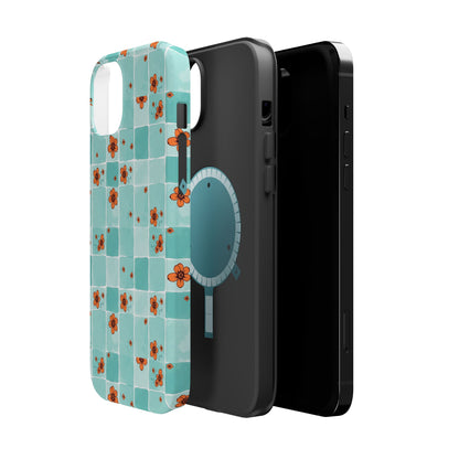 Floral Checkerboard Phone Case — Turquoise Retro Tile Pattern, Magnetic Impact-Resistant