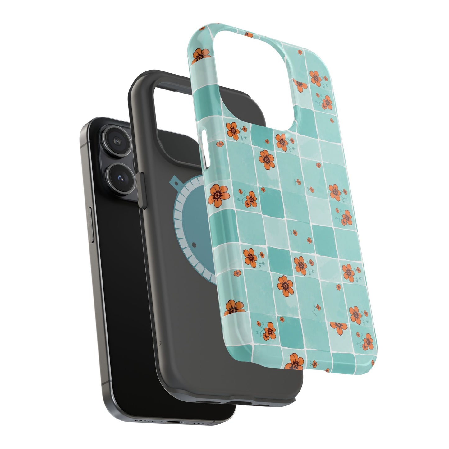 Floral Checkerboard Phone Case — Turquoise Retro Tile Pattern, Magnetic Impact-Resistant