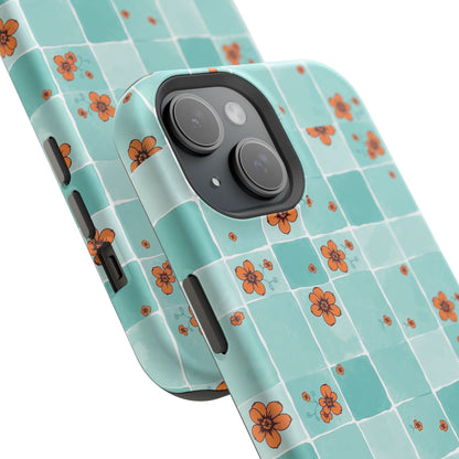 Floral Checkerboard Phone Case — Turquoise Retro Tile Pattern, Magnetic Impact-Resistant