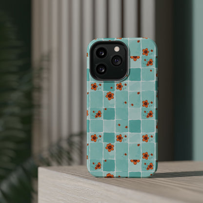 Floral Checkerboard Phone Case — Turquoise Retro Tile Pattern, Magnetic Impact-Resistant