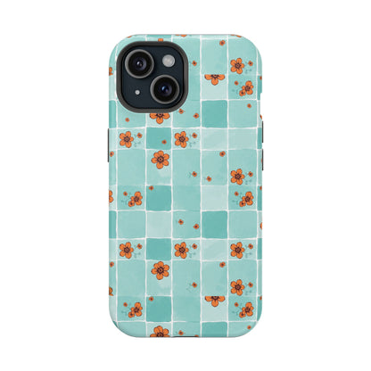 Floral Checkerboard Phone Case — Turquoise Retro Tile Pattern, Magnetic Impact-Resistant