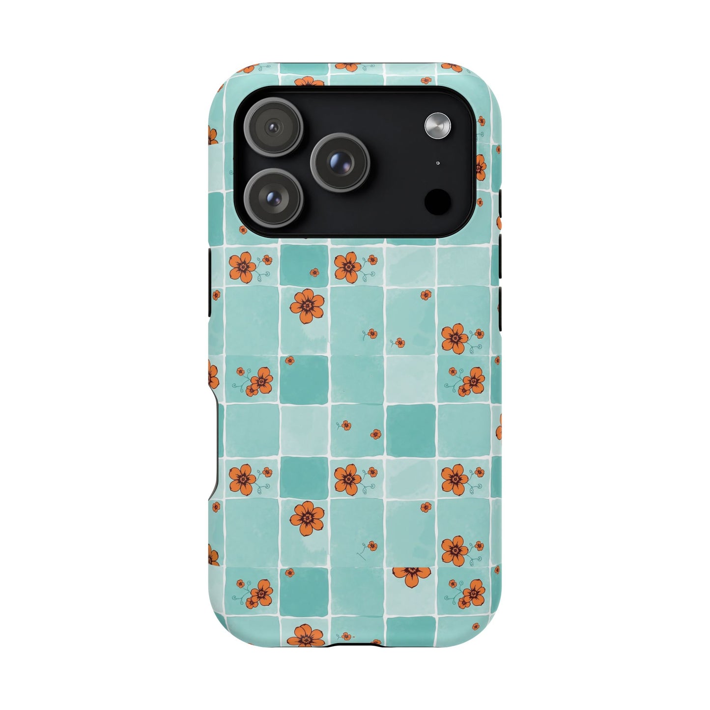 Floral Checkerboard Phone Case — Turquoise Retro Tile Pattern, Magnetic Impact-Resistant