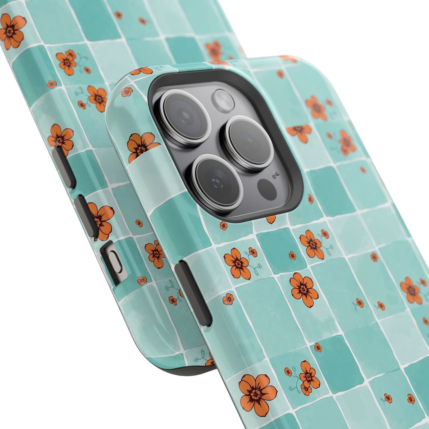 Floral Checkerboard Phone Case — Turquoise Retro Tile Pattern, Magnetic Impact-Resistant