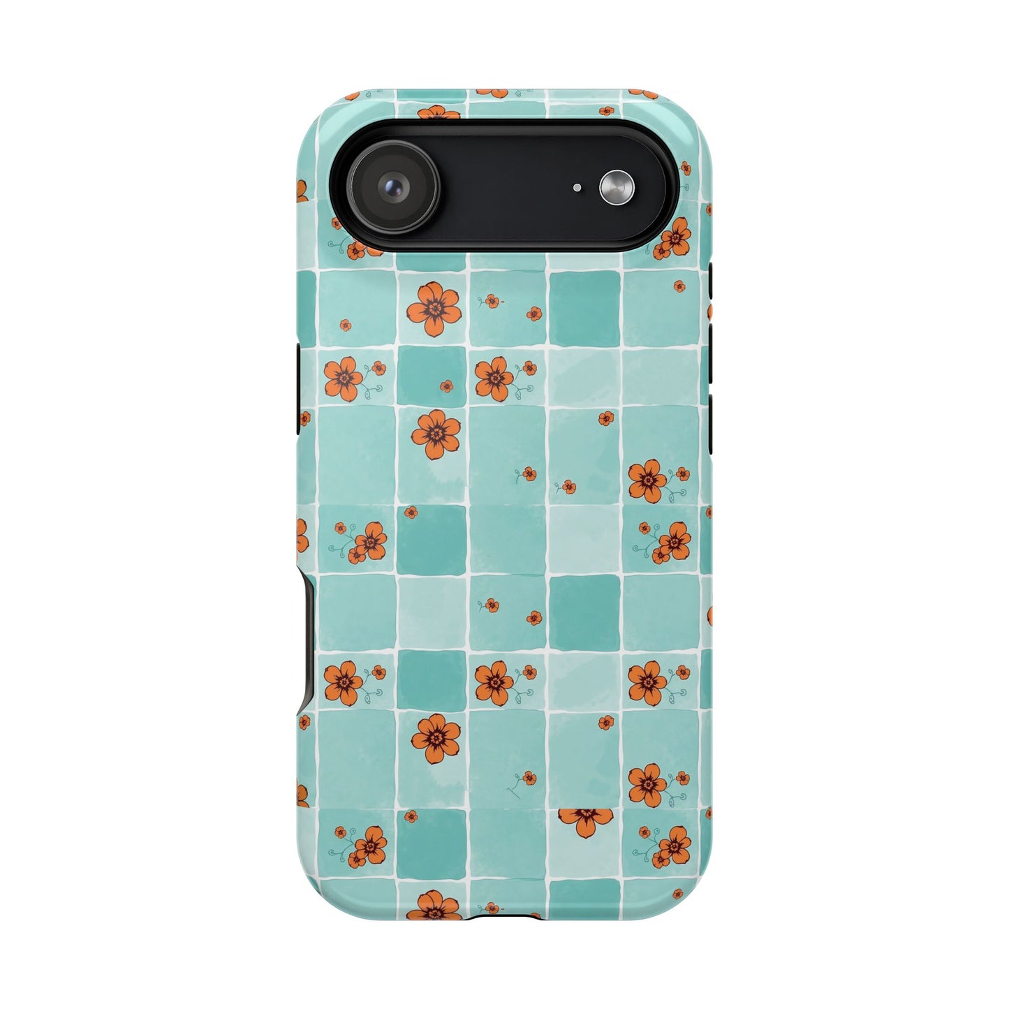 Floral Checkerboard Phone Case — Turquoise Retro Tile Pattern, Magnetic Impact-Resistant