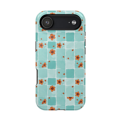 Floral Checkerboard Phone Case — Turquoise Retro Tile Pattern, Magnetic Impact-Resistant