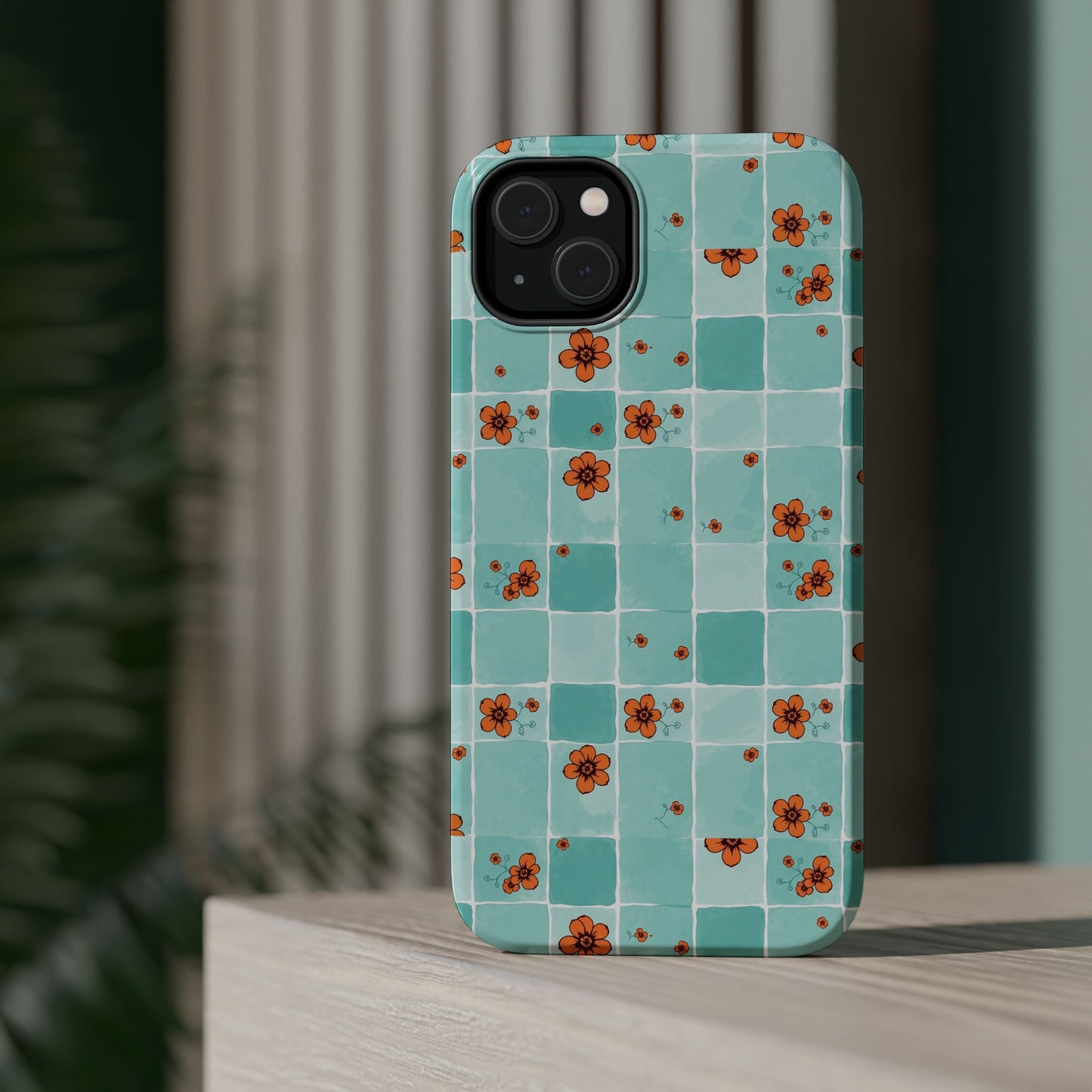 Floral Checkerboard Phone Case — Turquoise Retro Tile Pattern, Magnetic Impact-Resistant