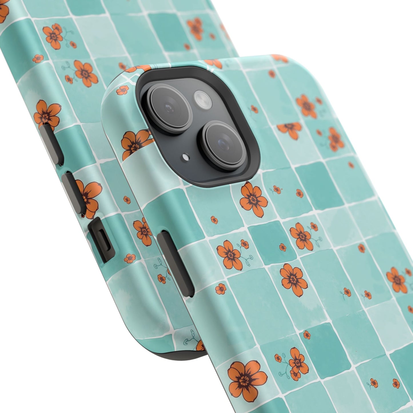 Floral Checkerboard Phone Case — Turquoise Retro Tile Pattern, Magnetic Impact-Resistant