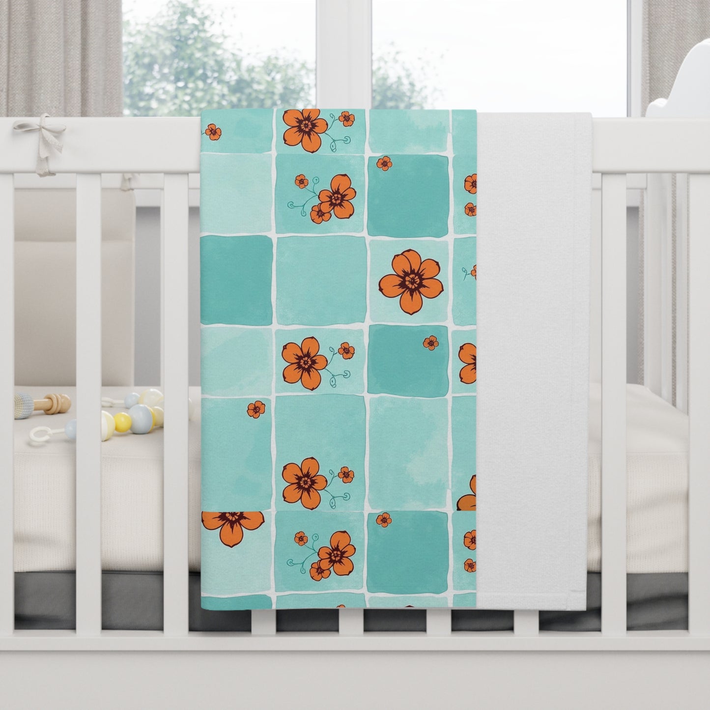 Aqua Tile Floral Baby Blanket — Soft Fleece Nursery Throw