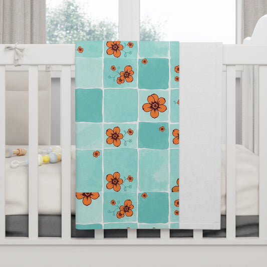 Aqua Tile Floral Baby Blanket — Soft Fleece Nursery Throw