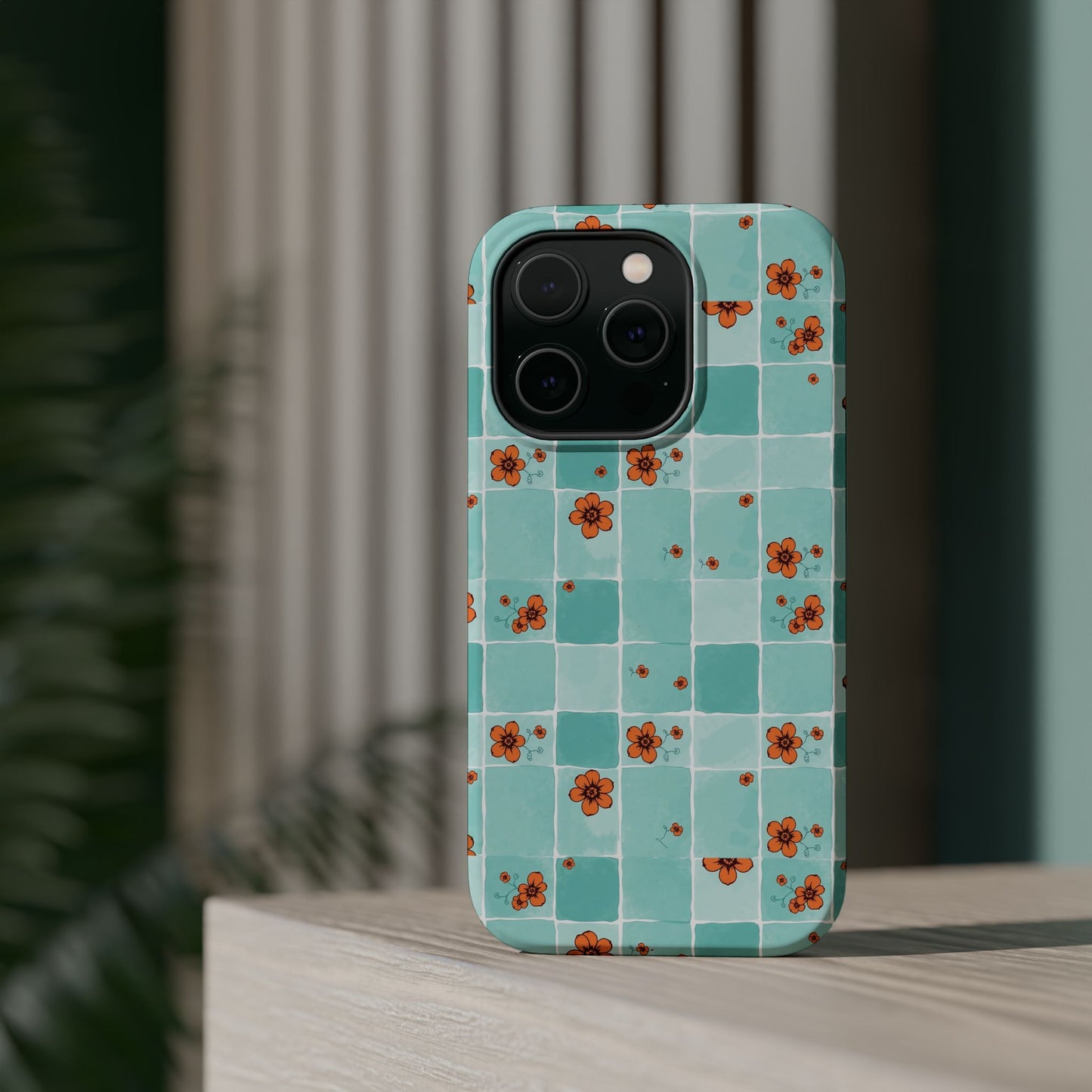 Floral Checkerboard Phone Case — Turquoise Retro Tile Pattern, Magnetic Impact-Resistant