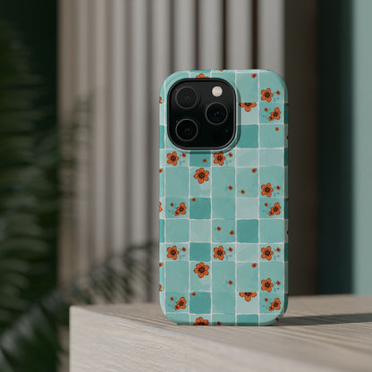 Floral Checkerboard Phone Case — Turquoise Retro Tile Pattern, Magnetic Impact-Resistant