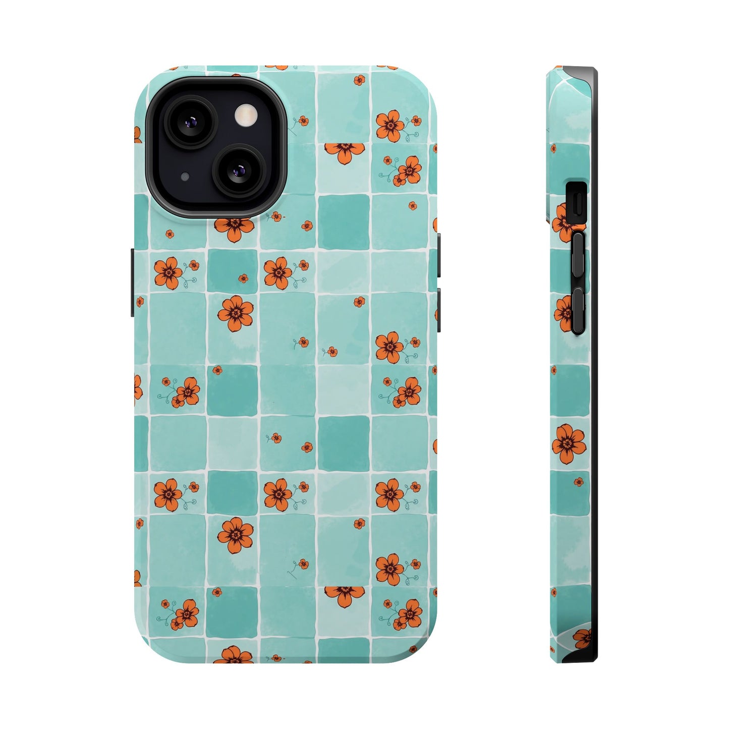 Floral Checkerboard Phone Case — Turquoise Retro Tile Pattern, Magnetic Impact-Resistant