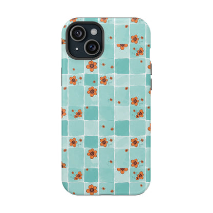 Floral Checkerboard Phone Case — Turquoise Retro Tile Pattern, Magnetic Impact-Resistant