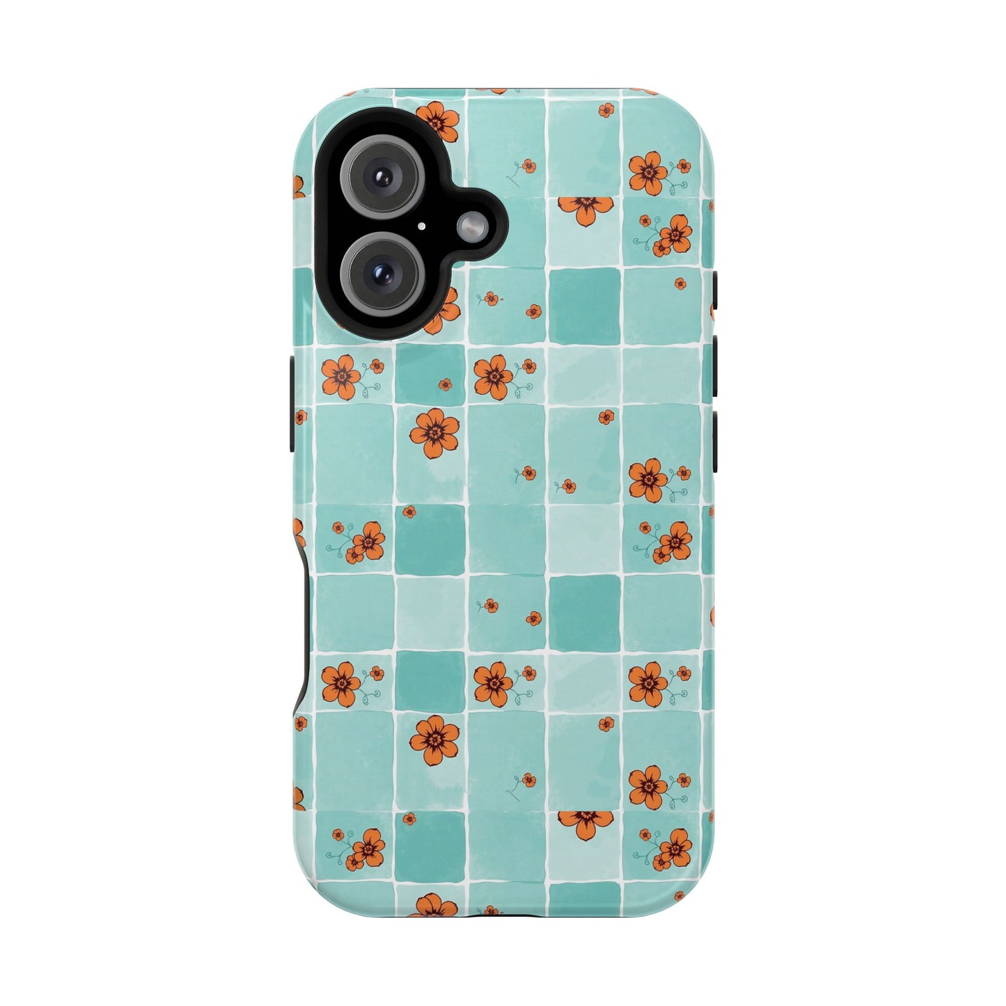 Floral Checkerboard Phone Case — Turquoise Retro Tile Pattern, Magnetic Impact-Resistant
