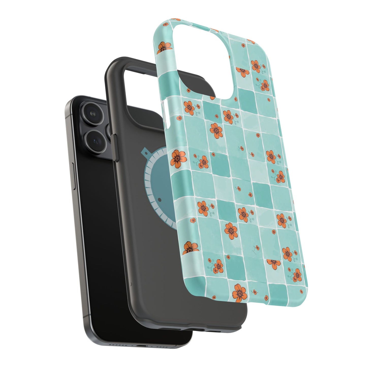 Floral Checkerboard Phone Case — Turquoise Retro Tile Pattern, Magnetic Impact-Resistant