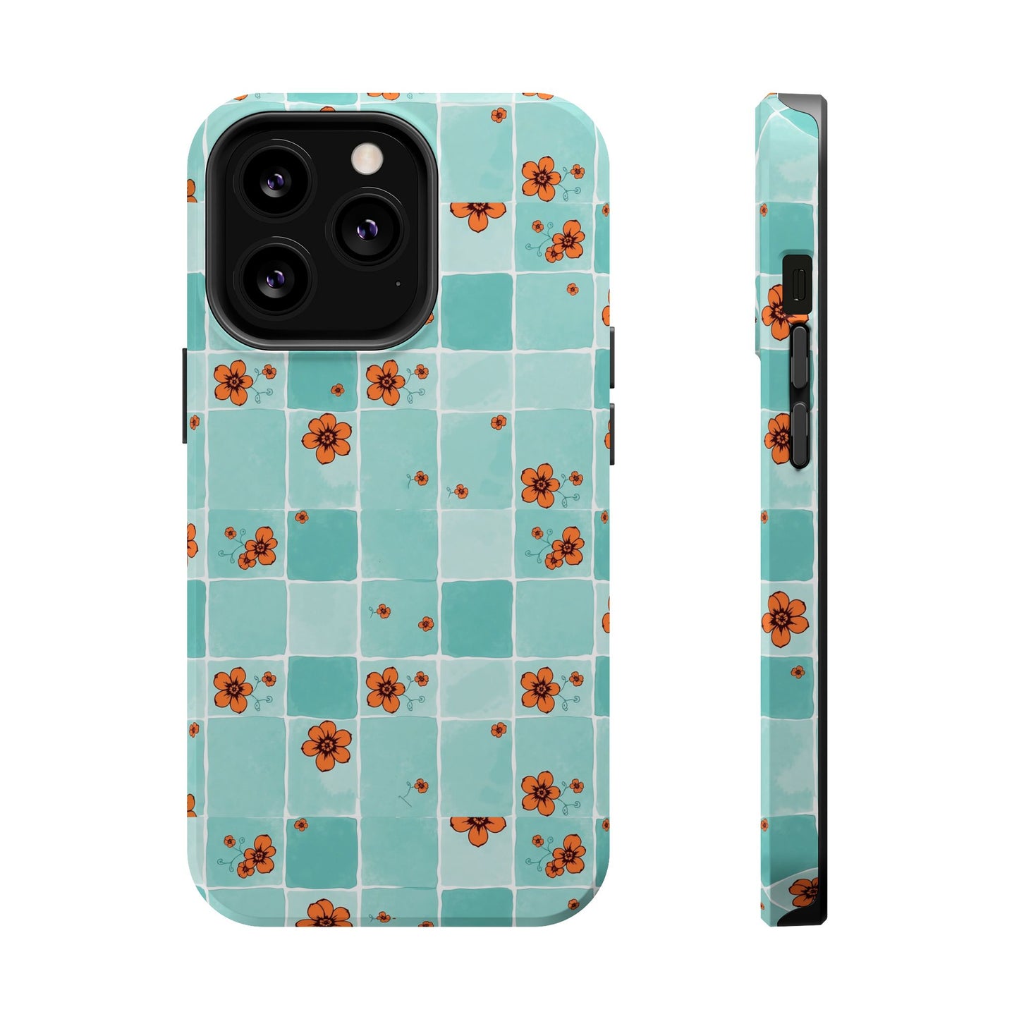 Floral Checkerboard Phone Case — Turquoise Retro Tile Pattern, Magnetic Impact-Resistant