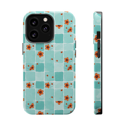 Floral Checkerboard Phone Case — Turquoise Retro Tile Pattern, Magnetic Impact-Resistant