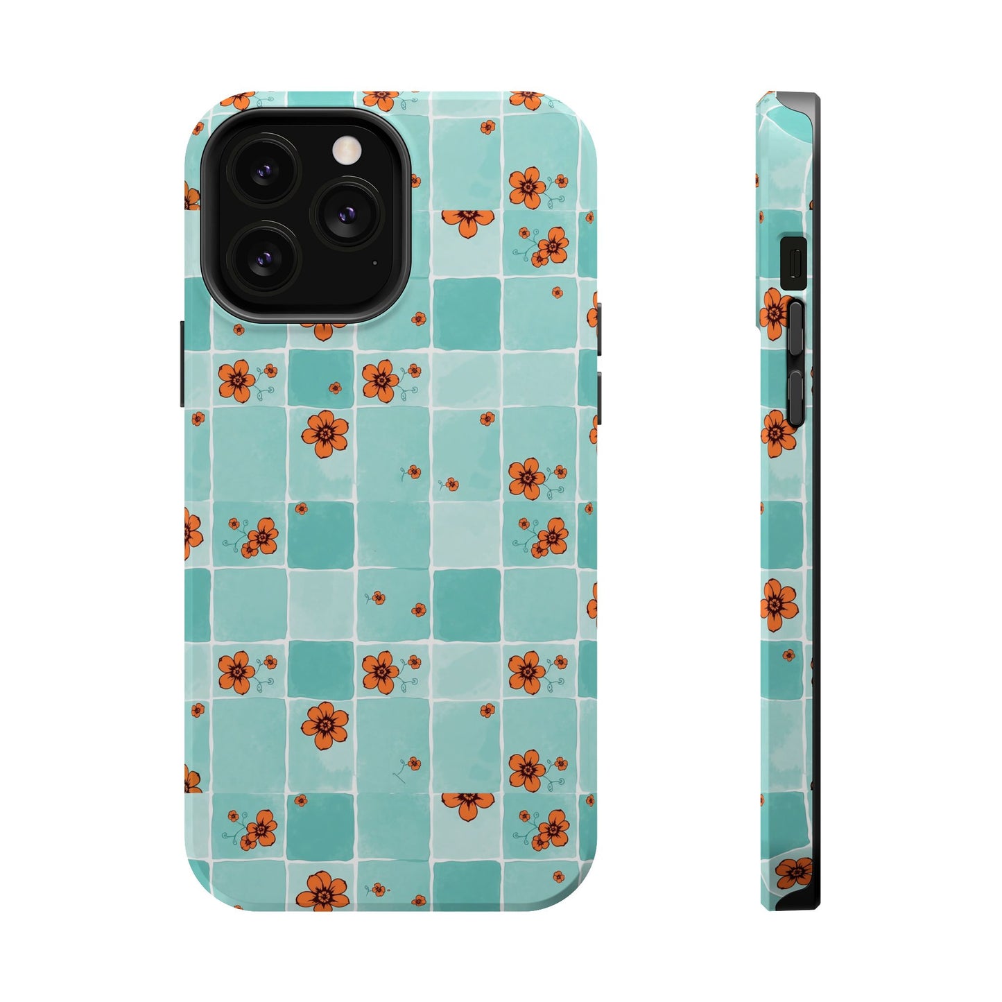 Floral Checkerboard Phone Case — Turquoise Retro Tile Pattern, Magnetic Impact-Resistant