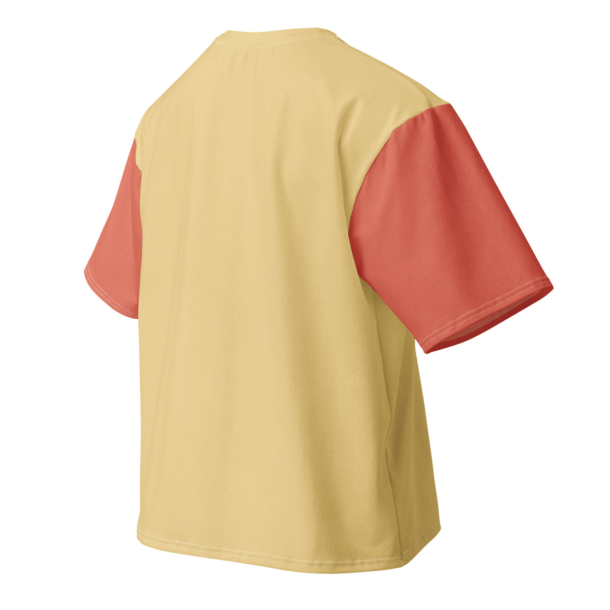 Back of the Formula No. 9 Creativity oversized tee, plain soft yellow with terracotta sleeves