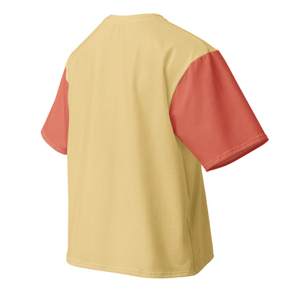 Back of the Formula No. 9 Creativity oversized tee, plain soft yellow with terracotta sleeves