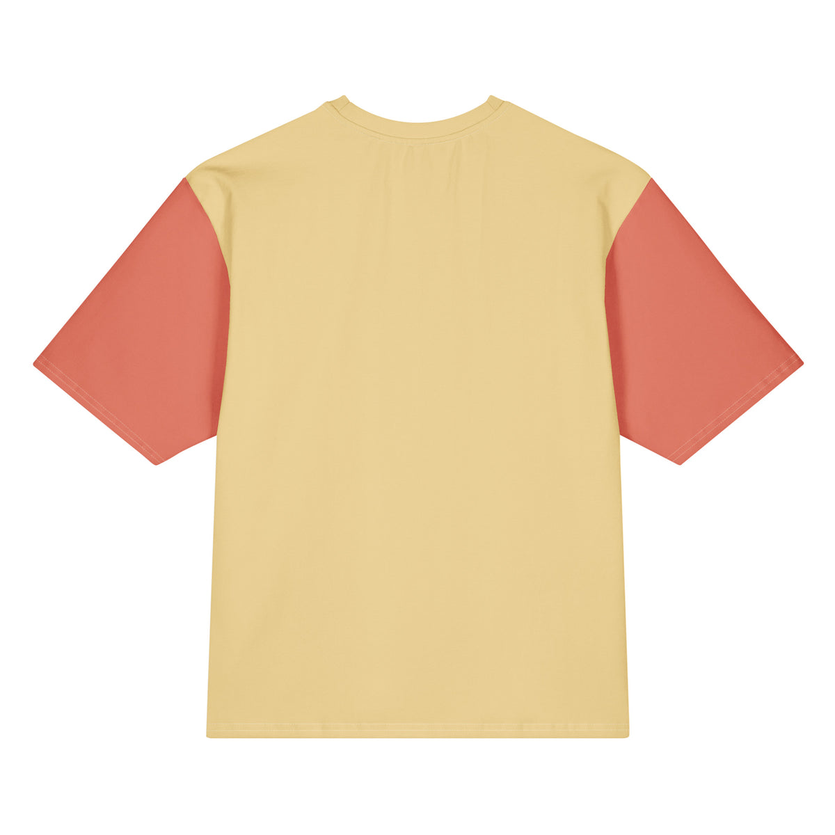Back of the Formula No. 9 Creativity oversized tee, plain soft yellow with terracotta sleeves