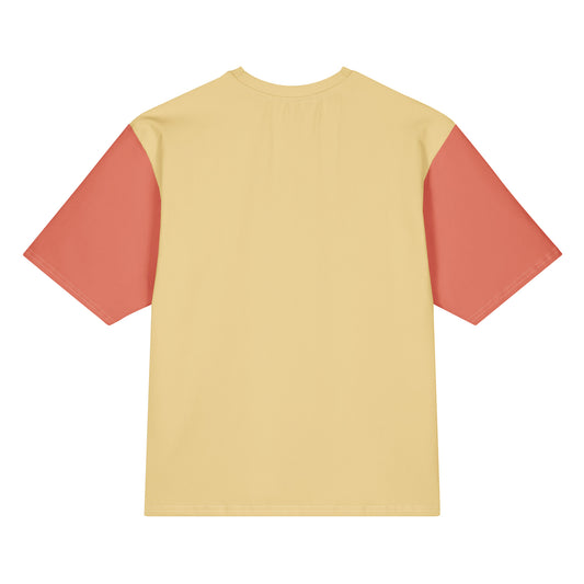 Back of the Formula No. 9 Creativity oversized tee, plain soft yellow with terracotta sleeves