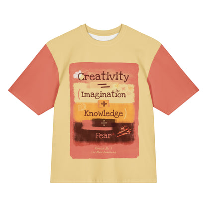 Formula No. 9 Creativity oversized tee in yellow and terracotta: Creativity equals Imagination plus Knowledge, divided by Fear squared