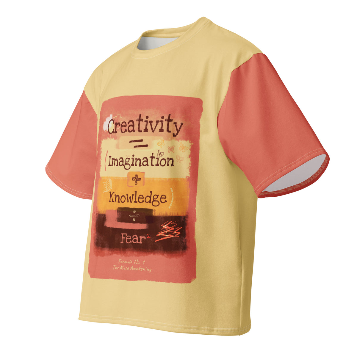 Formula No. 9 Creativity oversized tee in yellow and terracotta: Creativity equals Imagination plus Knowledge, divided by Fear squared